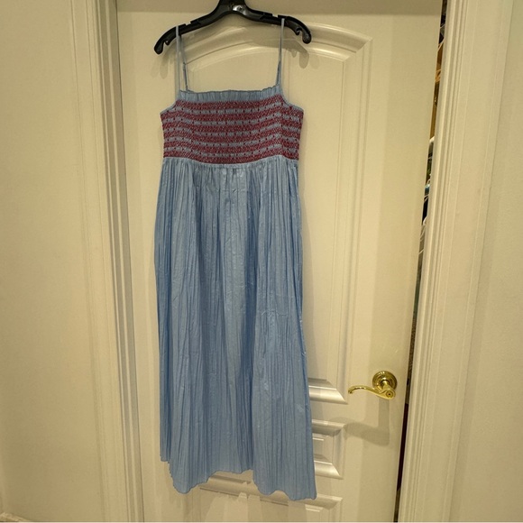 J. Crew Light Blue Midi Dress with Red Smocked Bodice - Picture 2 of 5